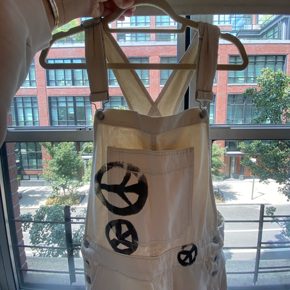 Free People Cream White Cotton Overalls with Peace Sign Prints